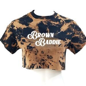 BROWN BADDIE Acid Wash, Distressed "Cropped" Crop Top Rock/Punk style Tee Latina